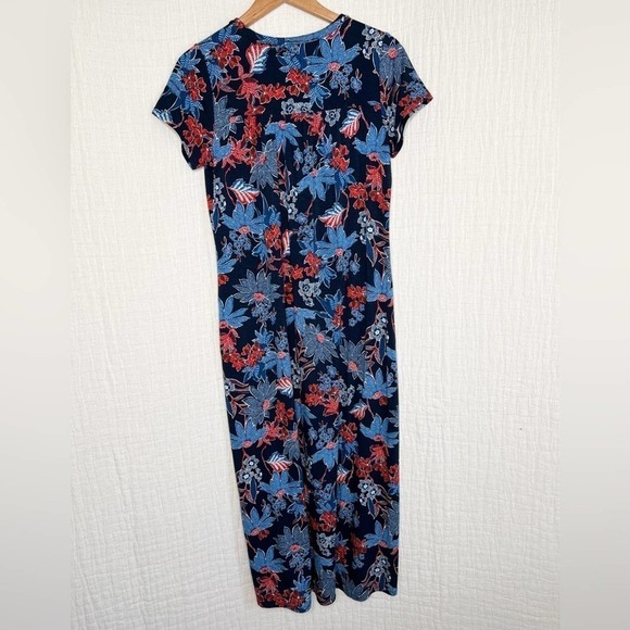 J Jill Jersey Maxi Dress Blue Red Floral Short Sleeve size S Small - Picture 2 of 7